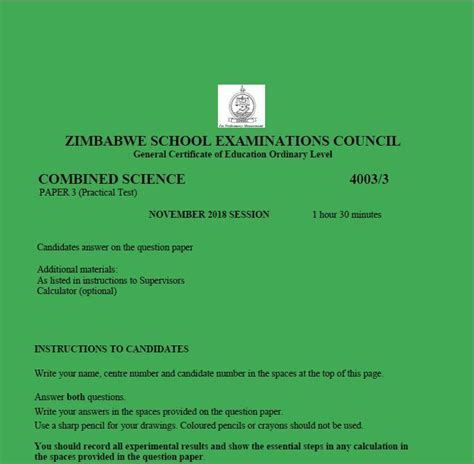 Zimsec O Level Combined Science November 2018 Past Exam Paper 3 Pdf