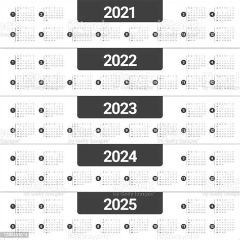 Yıl 2021 2022 2023 2024 2025 Takvim Vektör Tasarım Şablonu Stok Vektör