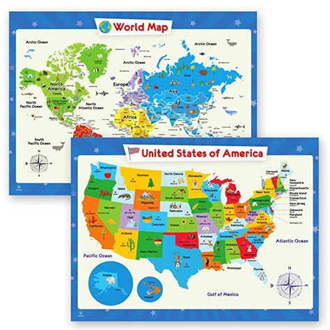 Buy 2 Pack World Map Poster For Kids Wall And United States Map For