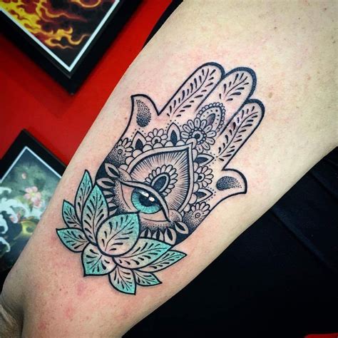 Beautiful Blue Lotus Hamsa Hand Of Fatima | Hamsa hand tattoo, Fatima hand tattoo, Hand tattoos