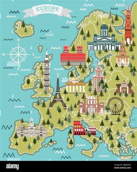 Europe Map With Famous Landmarks Vector Illustration Travel And