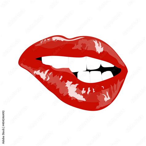 Red Sexy Lips Poster Girl Bites Her Lip Teeth Pop Art Card For Valentines Day Hand Drawing