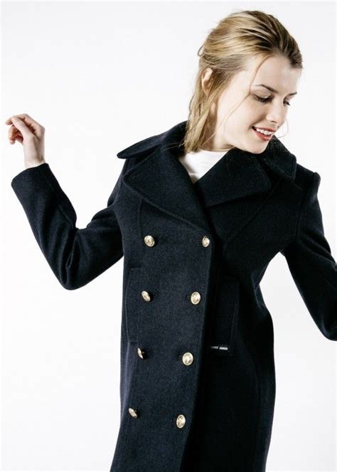 Womens Traditional Double Breasted Pea Coat Metal Anchor Buttons