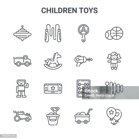 Stock Ilustrace Sada 16 Dětských Hraček Koncept Vektorové Čáry Ikony
