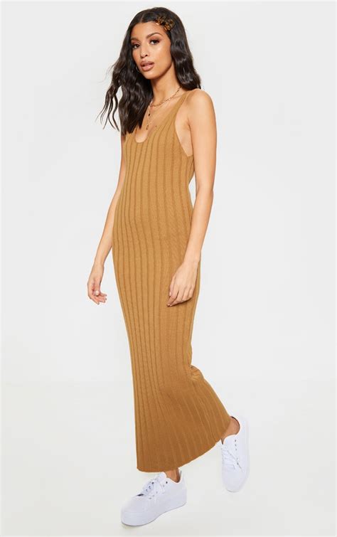 Camel Ribbed Knitted Maxi Dress Knitwear Prettylittlething
