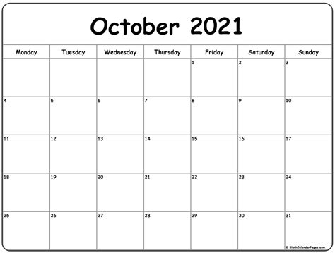 October Calendar 2021 Month Calendar Printable