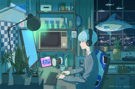 Wallpaper Anime Boy Aqua Hair Profile View Headphones Computer Smiling Wallpapermaiden