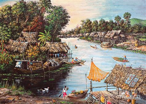Picture Of Waterside Life Painting By Sawat Surakhamhang And Komkrit