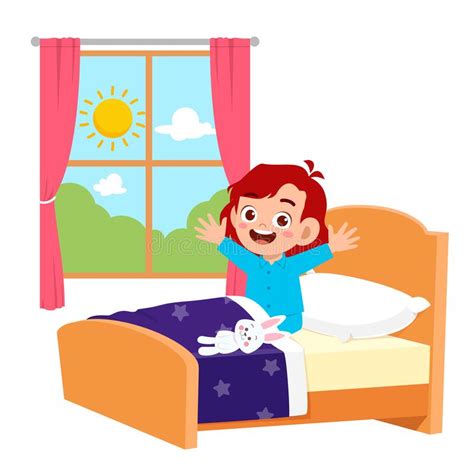 Happy Cute Little Kid Girl Wake Up In The Morning Stock Vector