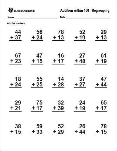 Printable Addition Within 100 With Regrouping Worksheet | Addition