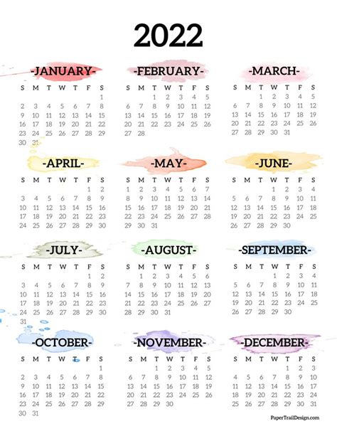 2022 One Page Calendar Printable Watercolor Paper Trail Design In