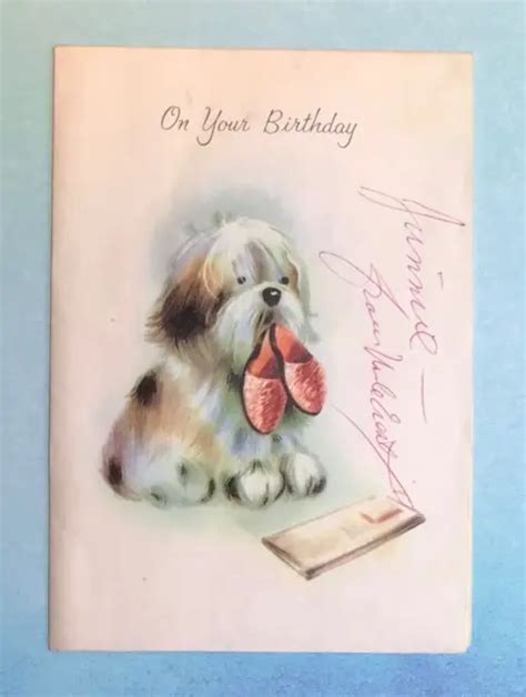 Vintage 1960s Birthday Greeting Card Shaggy Dog Cute 60s Art Used Happy