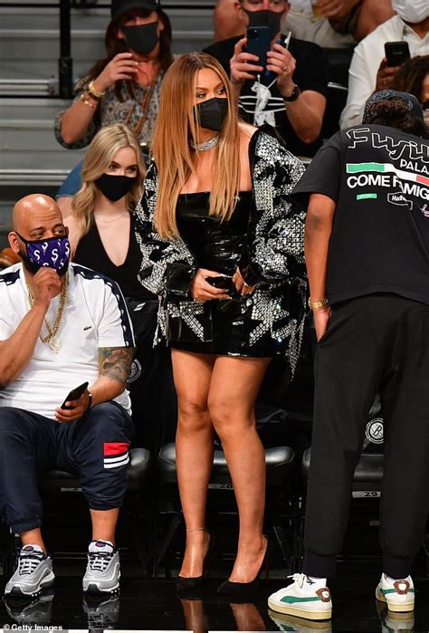 Beyonce Gleams In A Black Leather Mini Dress As She Attends A Brooklyn Nets Game With Jay Z