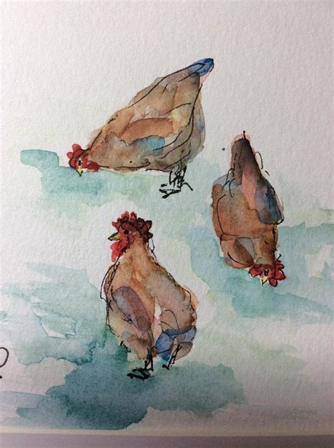Three Hens Watercolor Card Hand Painted Watercolor Card Etsy