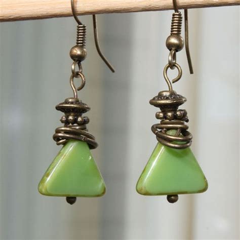 Green Earrings Czech Earrings Brass By Lebouibouiaboubou