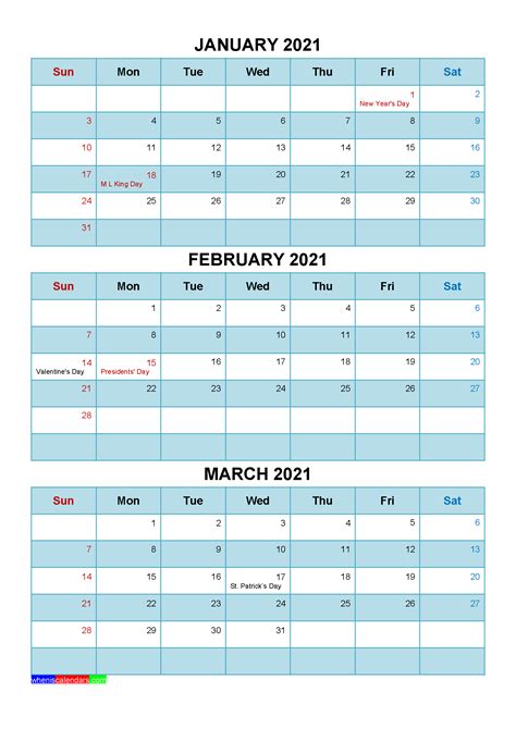 Printable January February March 2021 Calendar Template Word Pdf