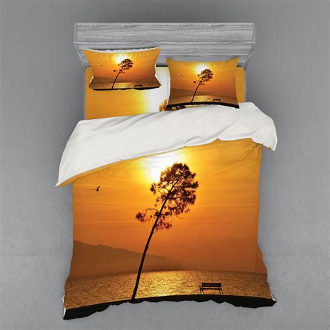 Tree Duvet Cover Set Lonely Sunset Tree By The Sea Sun Disappears And