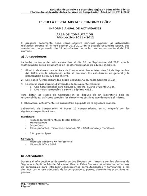 Informe Anual De Actividades Del Area De Computacion 2011 2012