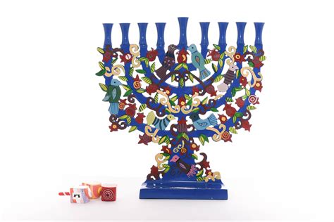 Yair Emanuel Large Blue Menorah With A Tree Design And Birds In Lazer