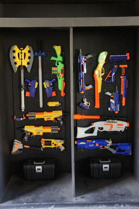 The gun holders are acoustic foam tiles, cut to fit and the shelves are lined with thick, tool box drawer liners (to prevent the guns from slipping and scratching the wood) the. Pin on Organization