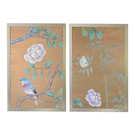 Vintage Hand Painted Chinoiserie Wallpaper Remnant Diptych