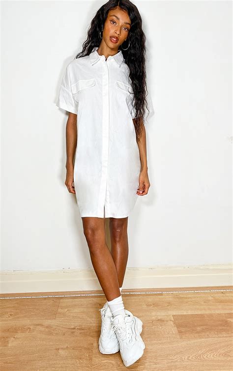 White Utility Shirt Dress Dresses Prettylittlething