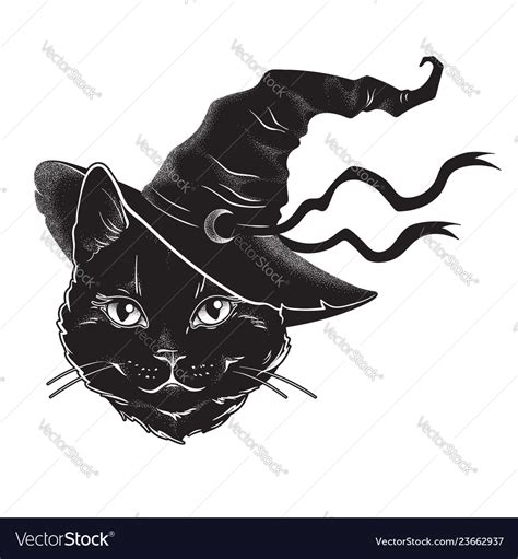 Black Cat With Pointy Witch Hat Line Art Vector Image