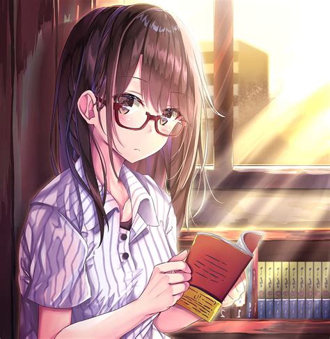 Anime Girl Cute Reading Moe Brown Hair Meganekko Sunlight