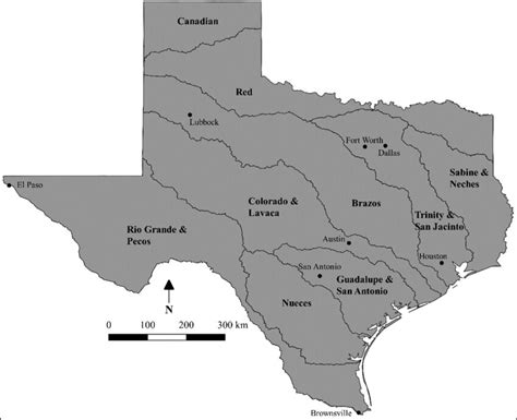 Map Of Texas With Major Drainage Basins Outlined And Labeled Also