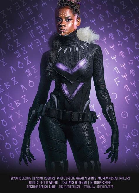 A Woman In Black Catsuit With Purple Letters Behind Her