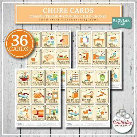 Printable Chore Cards For Younger Children Orange 36 Cards Etsy