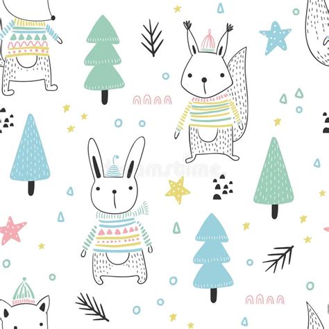 Cute Forest Animals Seamless Pattern Stock Vector Illustration Of