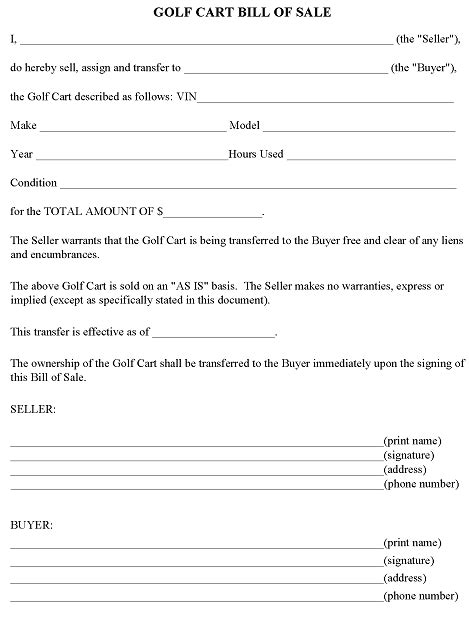 Free Golf Cart Bill Of Sale Word Printable Form