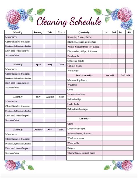cleaning schedule free printable
