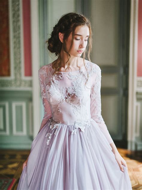 Lilac Wedding Gown With Long Sheer Sleeve And Floral Appliques Floating