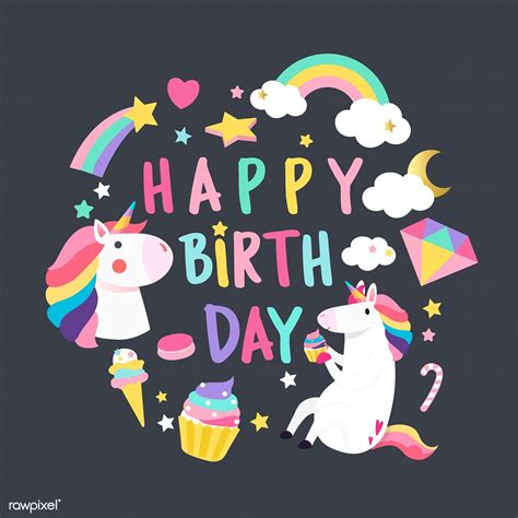 Happy Birthday Unicorn With Magic Elements Card Vector Free Image By