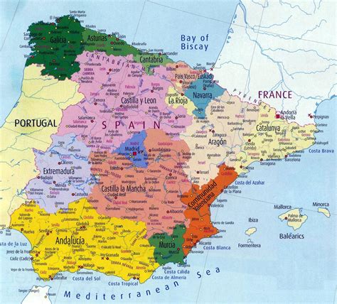 Spanien Karte Mit Regionen Farbige Administrative Und Politische