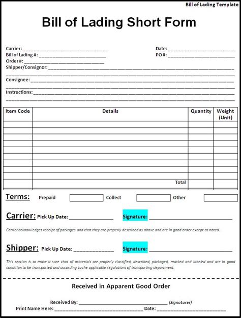 Bill Of Lading Form Word Document Template Resume Examples E A Vd Q V