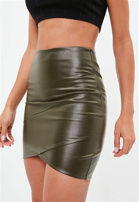 khaki-faux-leather-wrap-front-mini-skirt-missguided