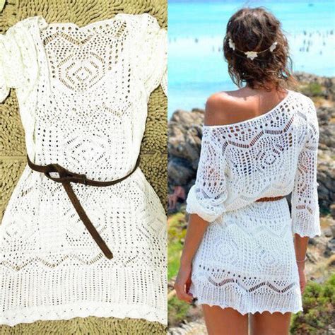 Summer Sexy Lace Crochet Beach Dress Women White See Through Swimwear