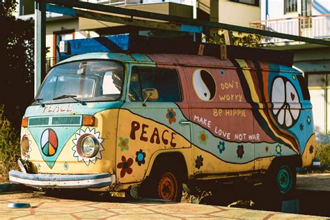 Volkswagen Old Car Vehicle Hippie Van Peace Sign Colorful Vw Bus Car Hd Wallpaper