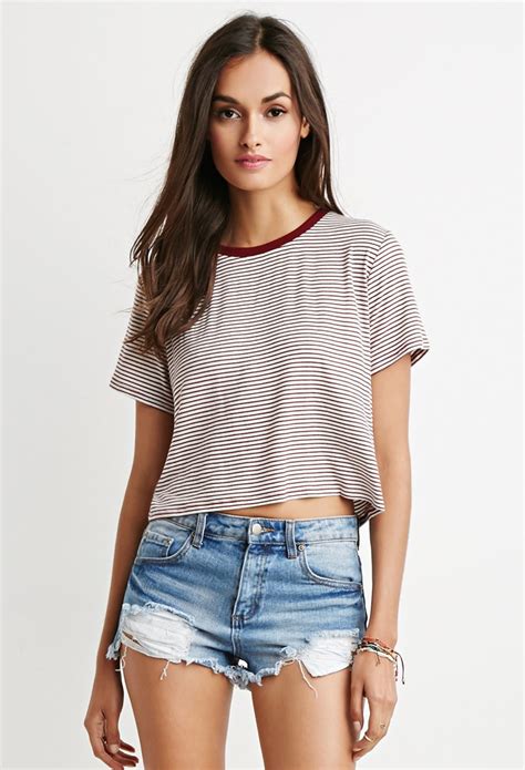Lyst Forever 21 Cropped Boxy Striped Tee In Natural