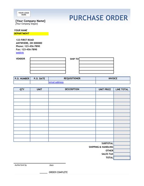 Free Printable Purchase Order Form For Home Decorations Printable