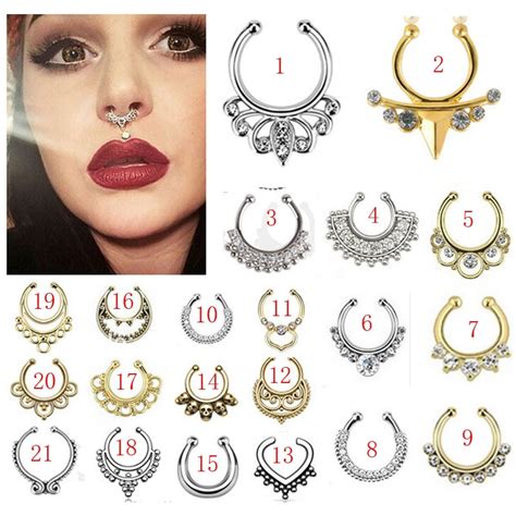 21 Mix Style Titanium Fake Nose Ring Piercings Gold Silver Plated Multi Shape Septum Piercing