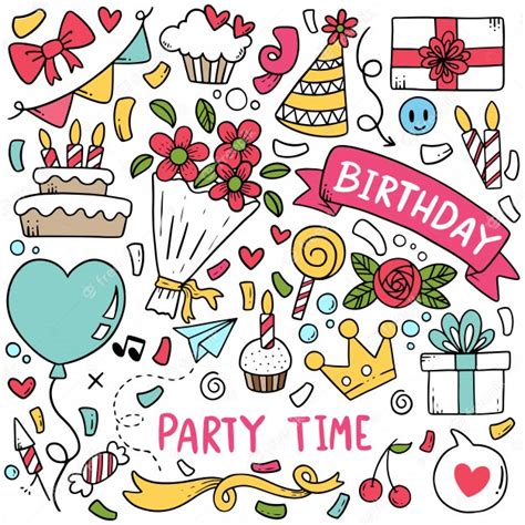Hand Drawn Party Doodle Happy Birthday Ornaments Background Pattern Premium Vector