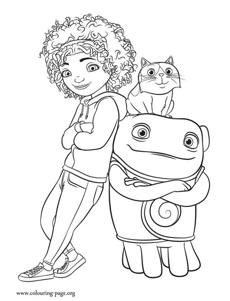 So there is this new film coming out in 2015 called 'home' and it has voice talents from people like rihanna, jim parsons, jennifer lopez and steve ma. Home - Tip, Pig and Oh coloring page