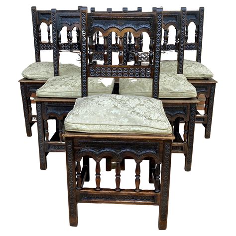 Early 20th Century French Louis Xiii Carved Oak Walnut Dining Chairs