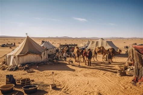 Premium Photo Nomadic Tribe Setting Up Camp In The Desert With Tents