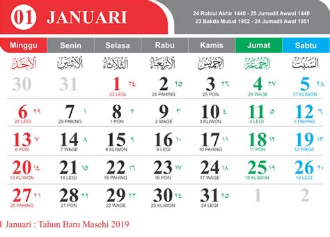 Download Kalender 2019 Lengkap Tanggalan Jawa Hijriyah Dan Libur