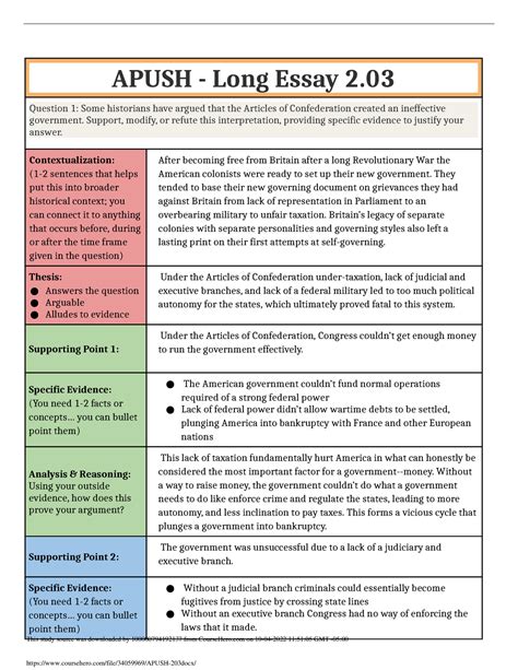 Apush 2 - Advance Placement US History - APUSH - Long Essay 2. Question
